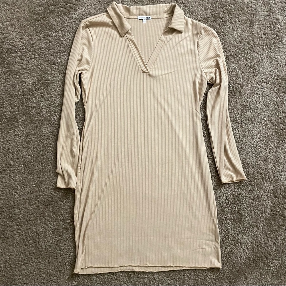 Beige Fashion Nova Ribbed Mini Dress
